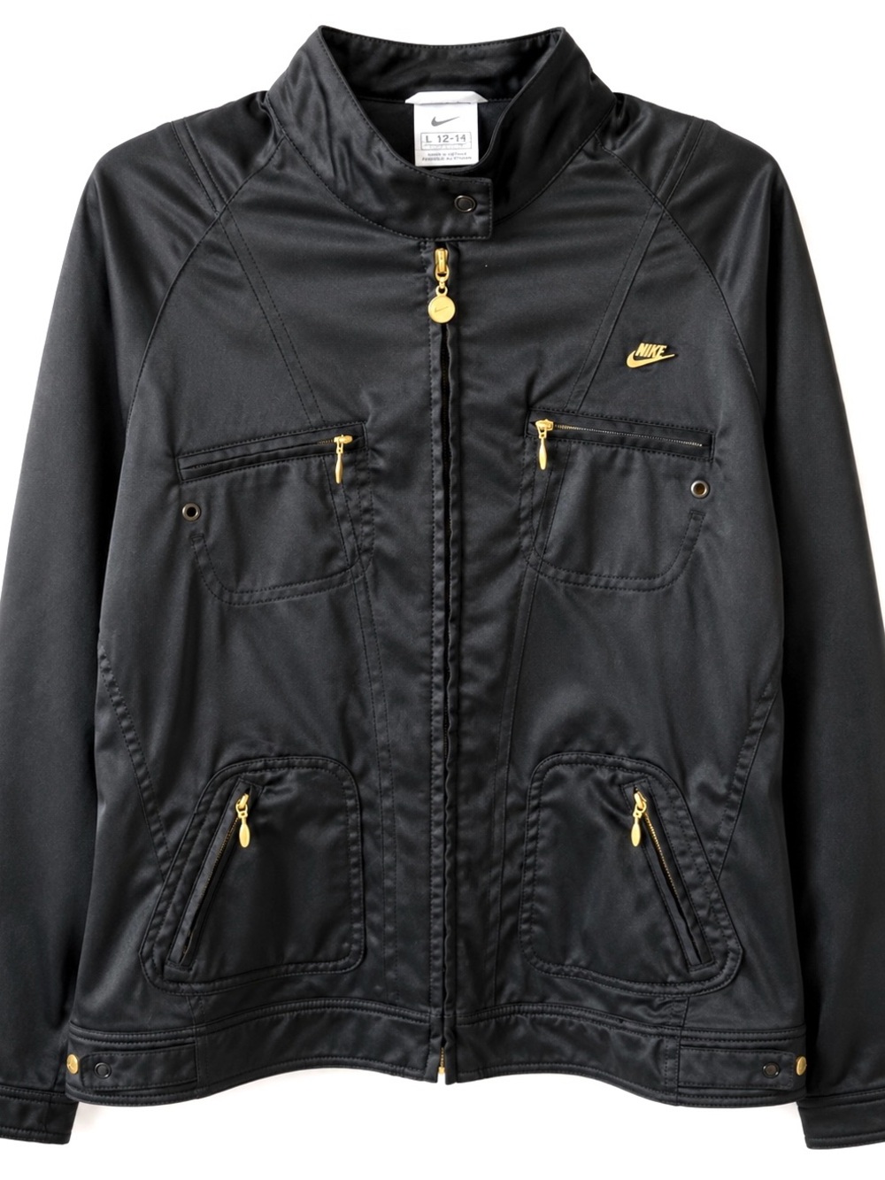 Vintage Y2K Nike Womens Satin Finish Moto Jacket Black Gold Hardware Size L